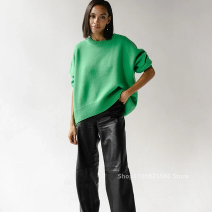 Women's oversized knit sweater, crew neck, loose fit