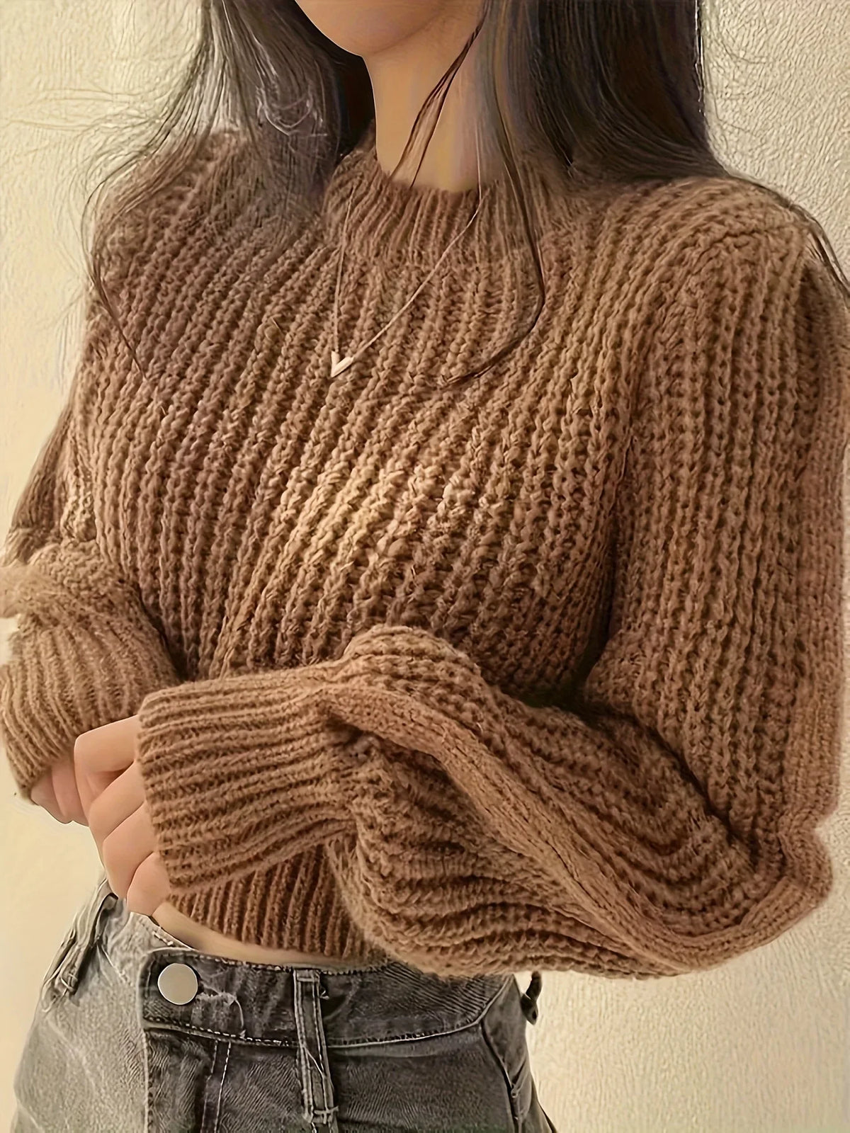 Women's Chunky-Knit Cropped Crew-Neck Long-Sleeve Sweater