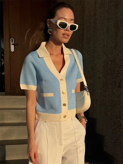 Short-Sleeved Knit Top with Collar and Buttons, Light Blue