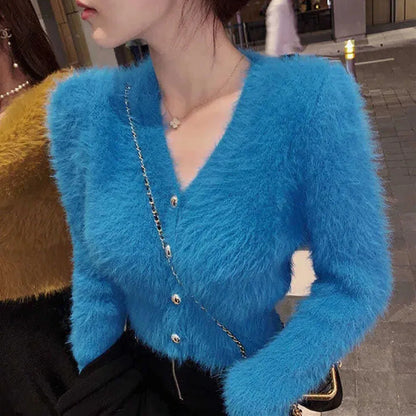 Women's fluffy cardigan with V-neck and gold buttons