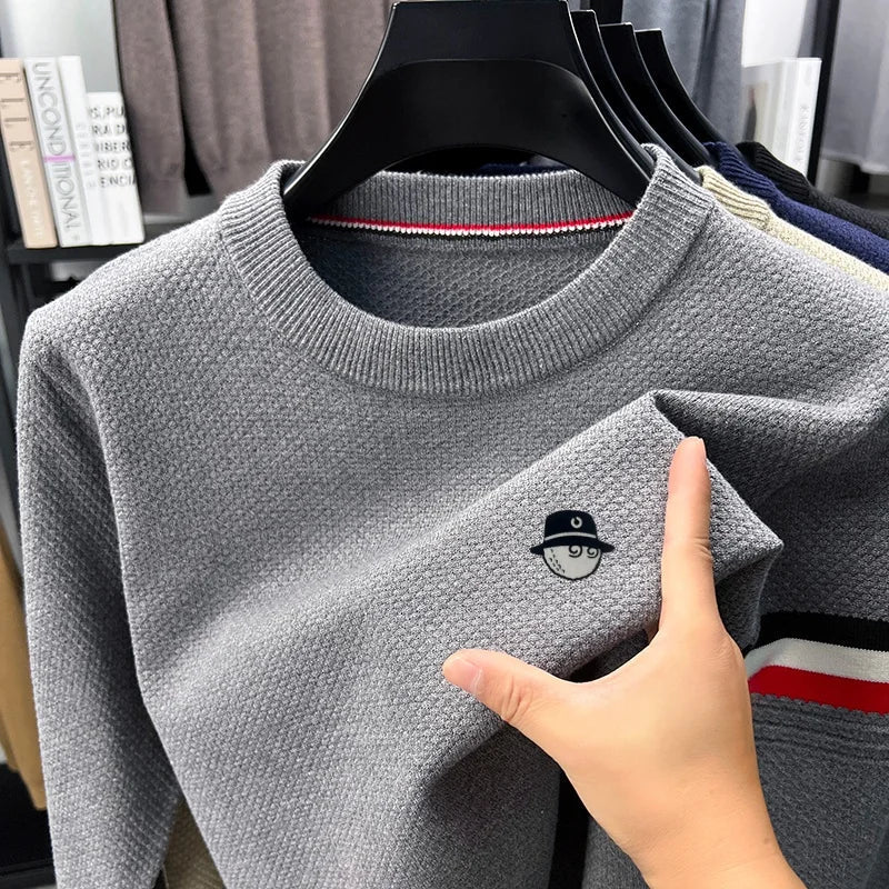 Men's crew-neck pullover with honeycomb texture and stripe detail