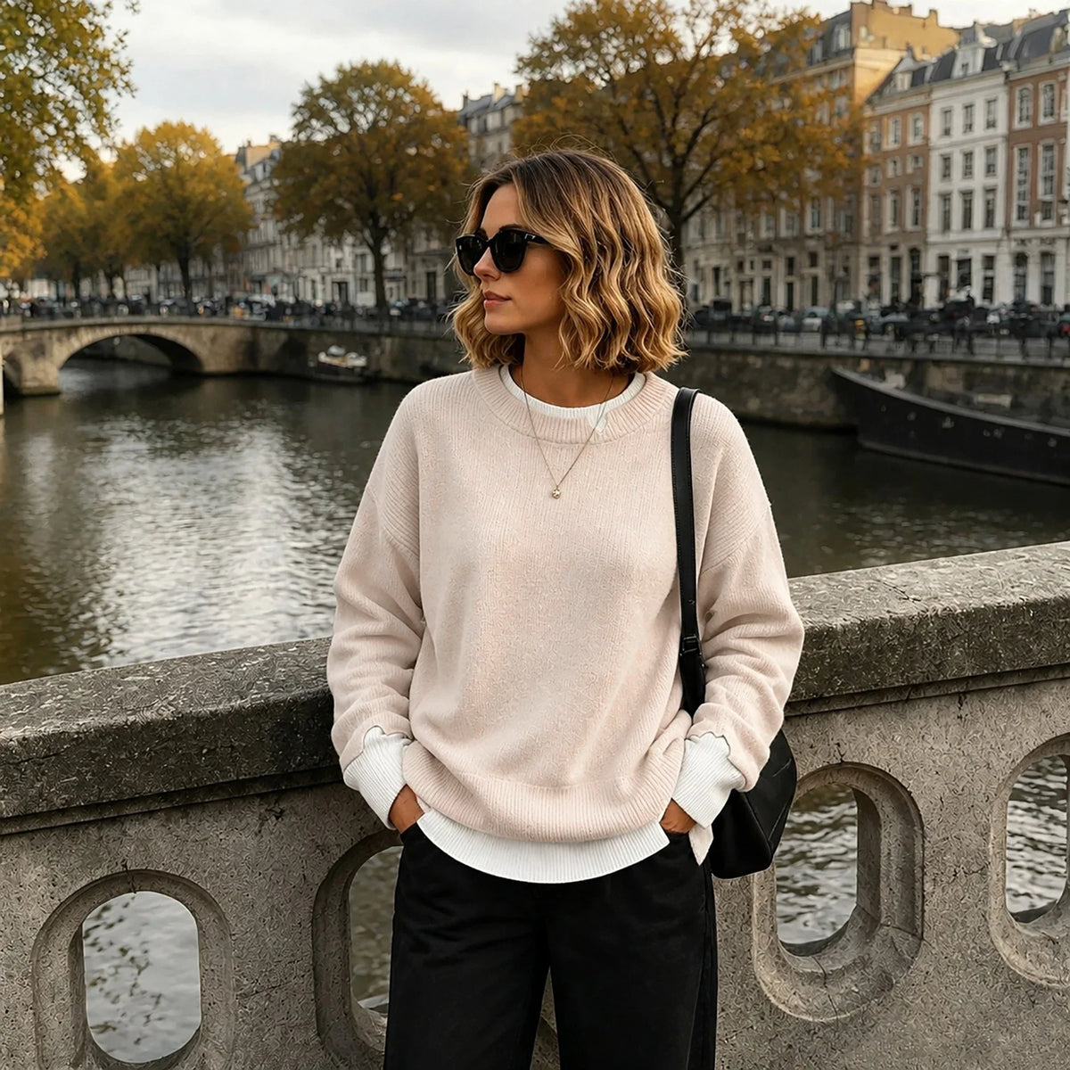 Women's long-sleeve crew-neck sweater with cable-knit look and side slits