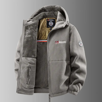 Men's outdoor fleece jacket with hood and zip closure, lined