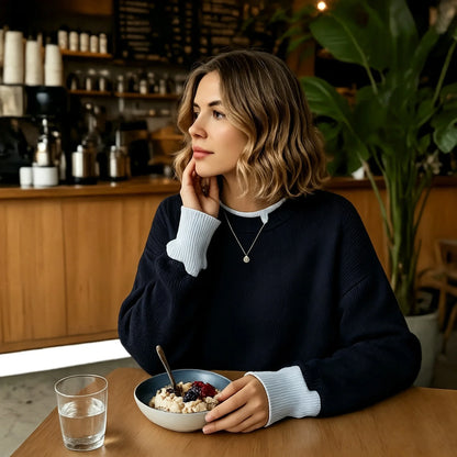 Women's long-sleeve crew-neck sweater with cable-knit look and side slits