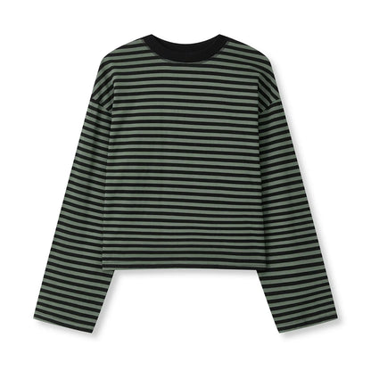 Gestreiftes Langarmshirt Damen Rundhalsausschnitt Oversize Cropped