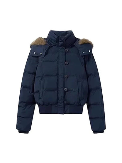 Kurze Steppjacke mit Fellkapuze Damen Winterjacke Marineblau oder Weiß