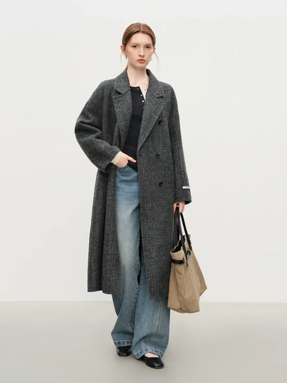 Damen Langer Mantel Doppelreiher mit Bindegürtel