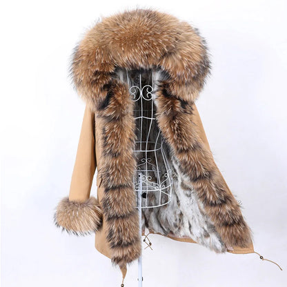 Women's winter parka with pink faux fur lining & hood