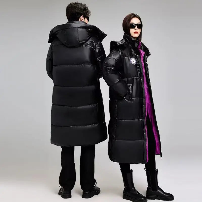 Unisex Long Black Puffer Coat with Hood