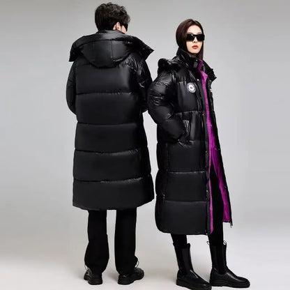 Unisex Long Black Puffer Coat with Hood