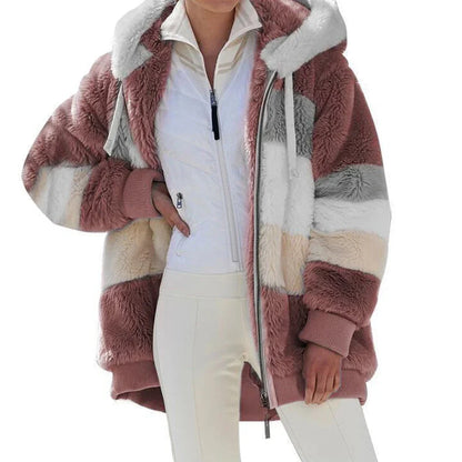 Damen Teddyfell Jacke mit Kapuze und Reißverschluss, mehrfarbig