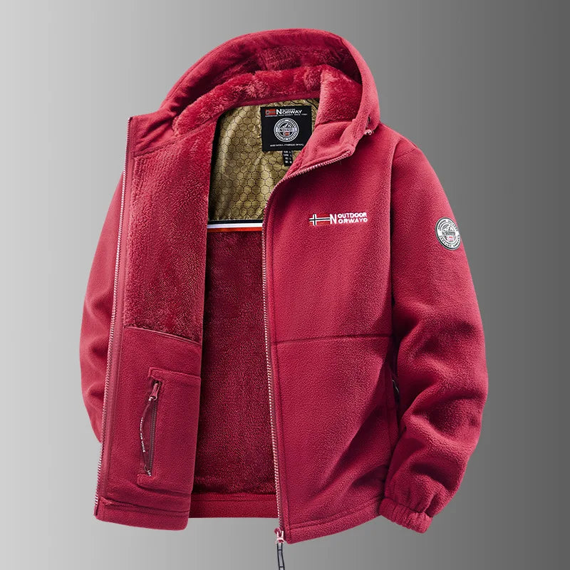 Men's outdoor fleece jacket with hood and zip closure, lined