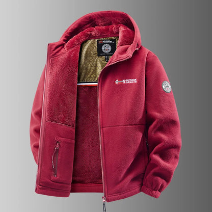 Men's outdoor fleece jacket with hood and zip closure, lined