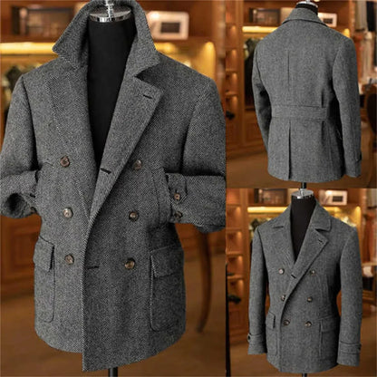 Men's Double-Breasted Vintage Business Blazer – Classic Houndstooth Look for Office & Festive Occasions