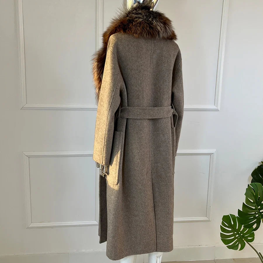 Damen Mantel Lang mit Faux-Pelzkragen Beige