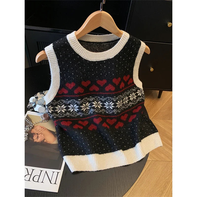 Strickweste Damen Ärmellos Rundhals Pullover mit Herz- und Schneeflockenmuster