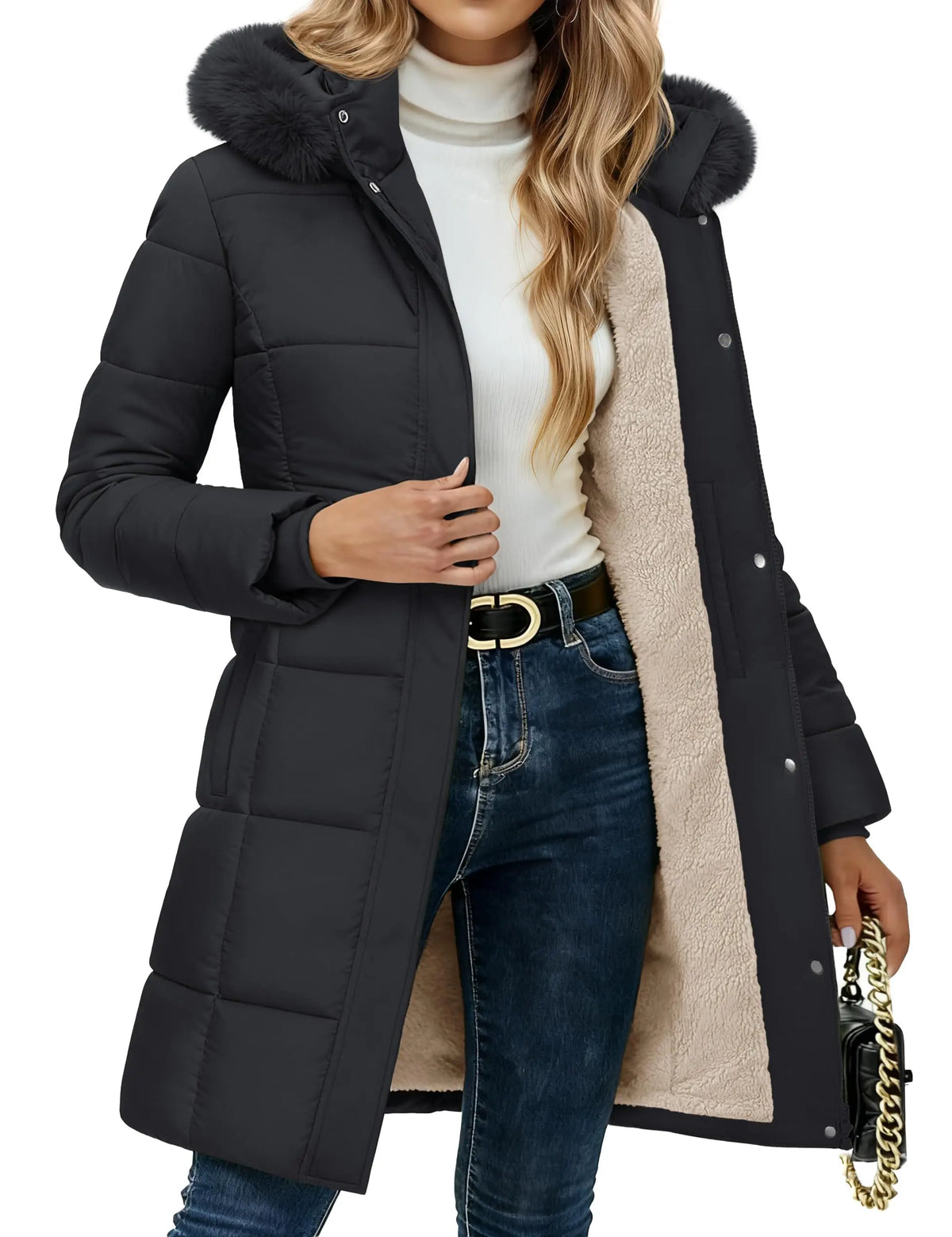 Damen Winter Steppmantel mit Kapuze, Teddyfutter und Kunstpelzbesatz