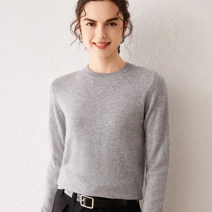 Women's crew-neck long-sleeve basic knitted sweater, cozy pullover