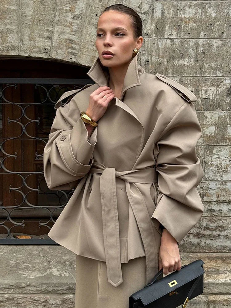 Oversized Damen Trenchcoat mit Gürtel und Stehkragen – Langer lockerer Übergangsmantel