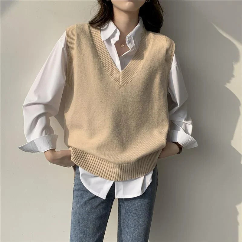 Women's knitted vest, V-neck, sleeveless, gray