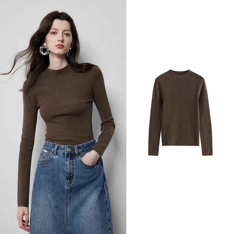 Women's Long-Sleeve Sweater Mock Neck Crew Neck Basic Top in Various Colors