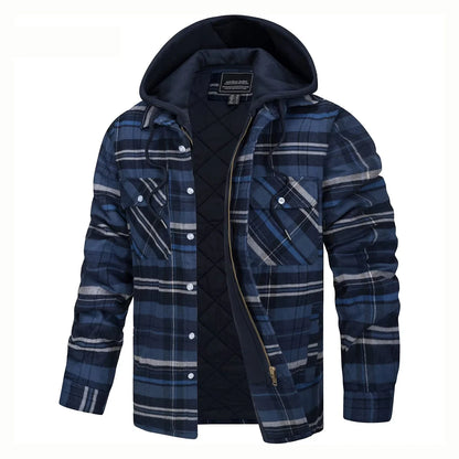 Men's plaid shirt jacket with hood, lined
