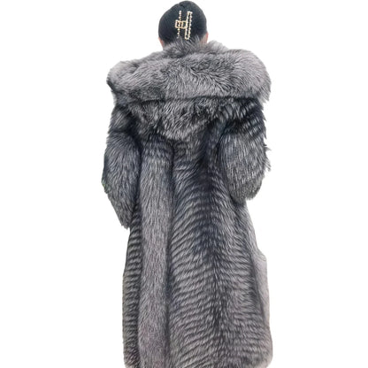 Women's long faux fur coat with hood, gray-black