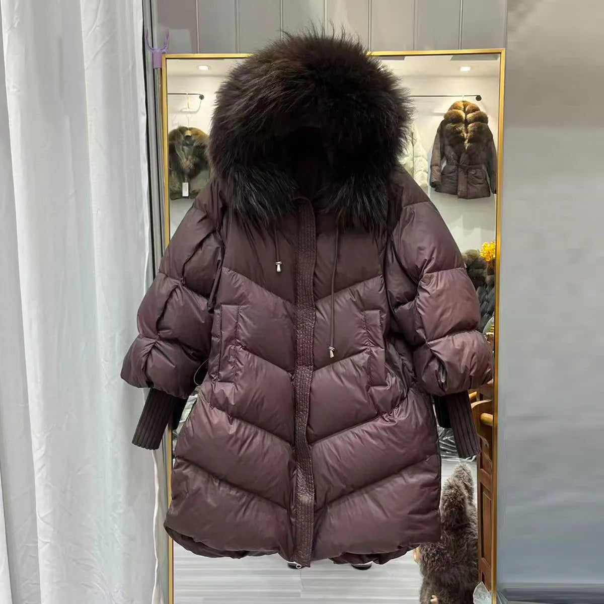 Women's winter quilted jacket with faux fur hood, khaki beige
