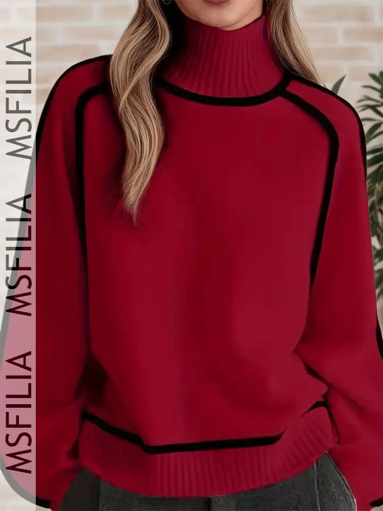 Damen Rollkragen Pullover Strickwaren mit Kontrastnähten Langarm