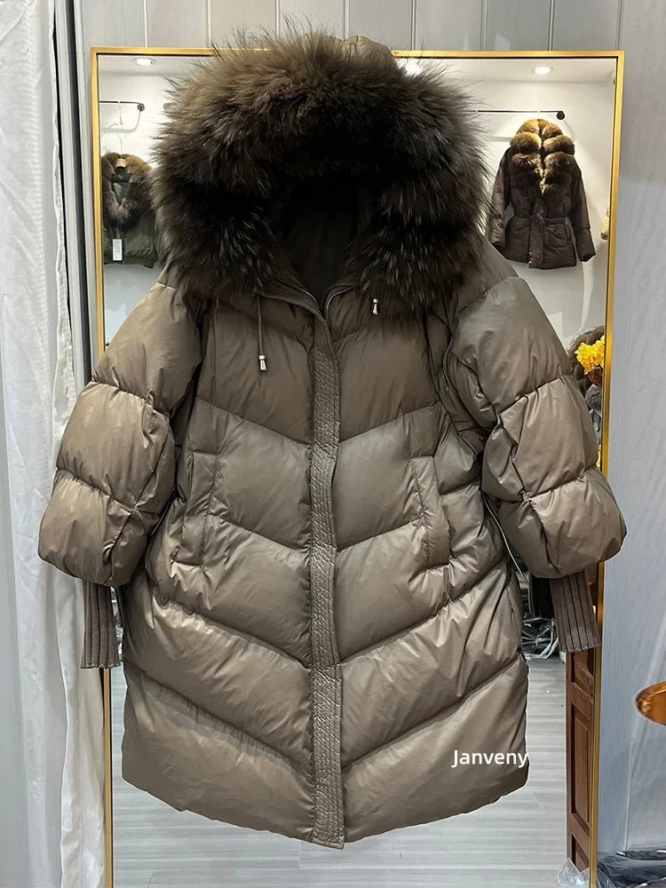 Women's winter quilted jacket with faux fur hood, khaki beige