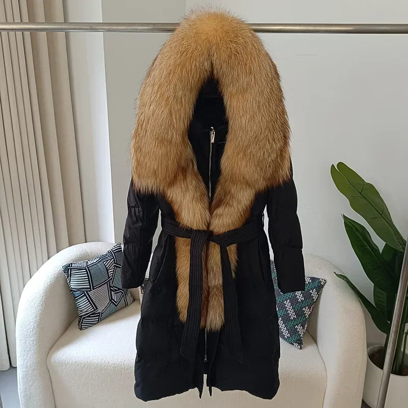 Damen Daunenmantel mit Pelzkapuze und Bindegürtel, gepolstert, lange Winterjacke
