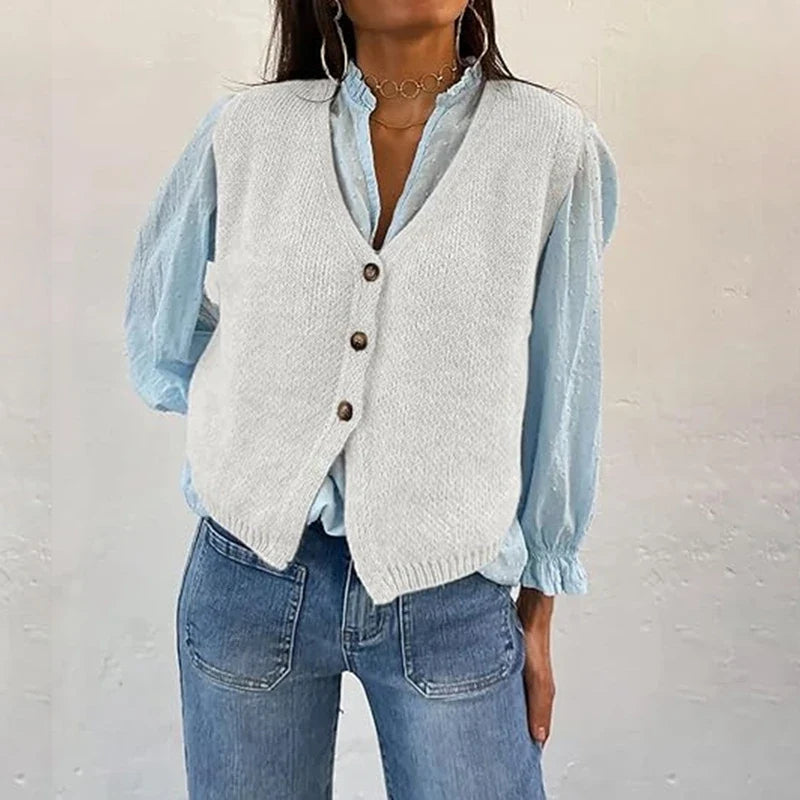 Women's knitted vest with V-neck and buttons