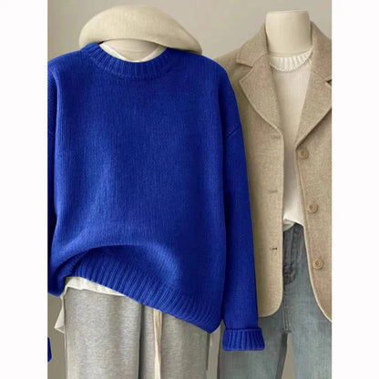 Ribbed crew-neck knit sweater, loose fit, multicolored