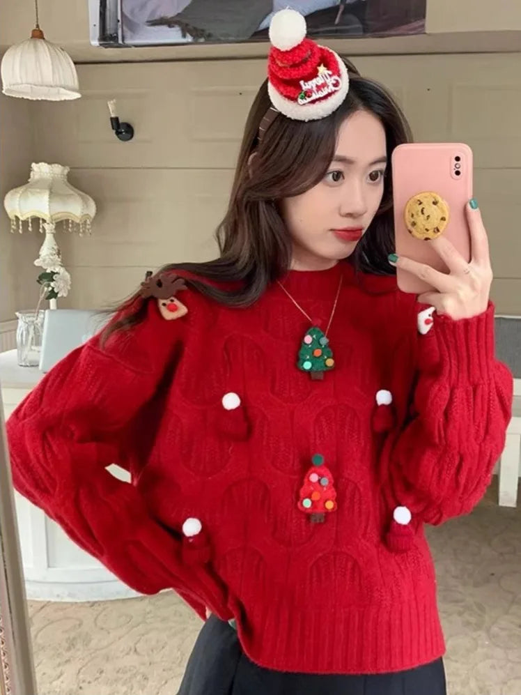 Weihnachtspullover Damen Strickpullover Rundhals mit Applikationen