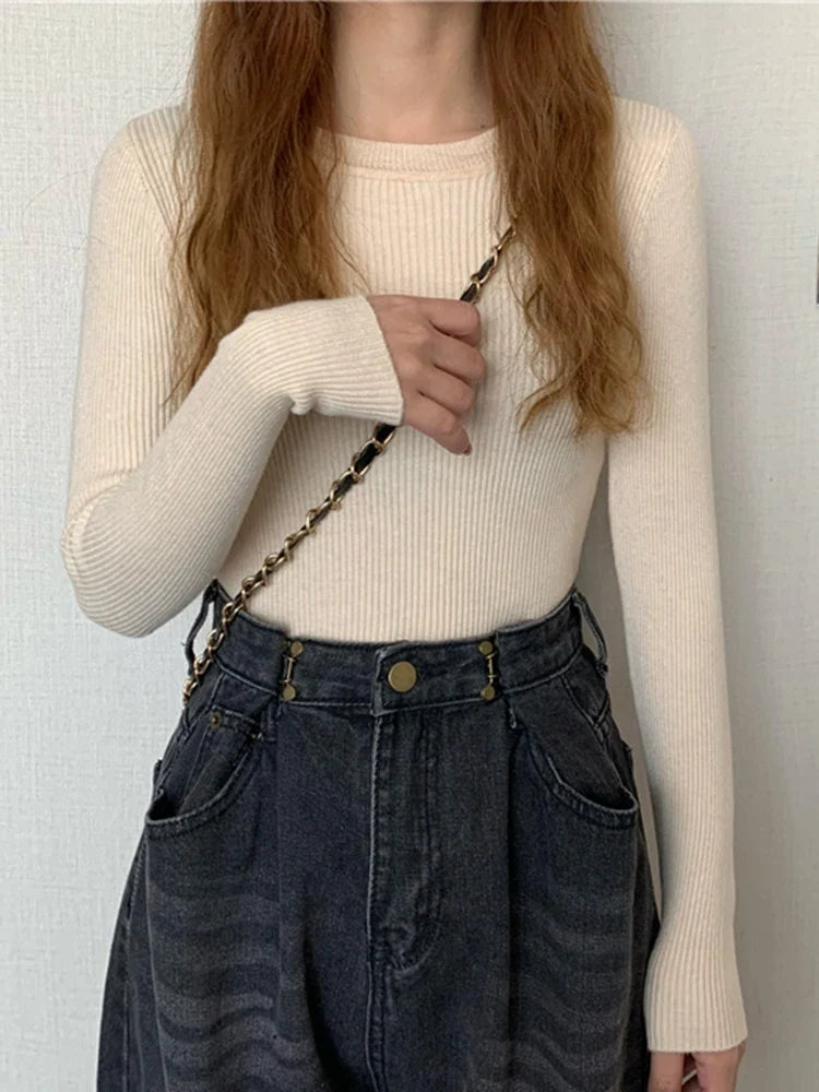 Women's ribbed long-sleeve sweater, crew neck, top