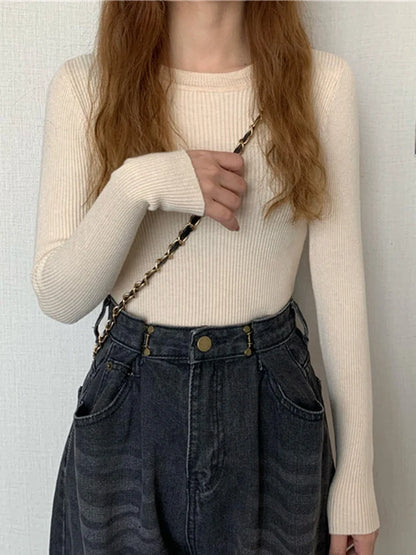 Women's ribbed long-sleeve sweater, crew neck, top