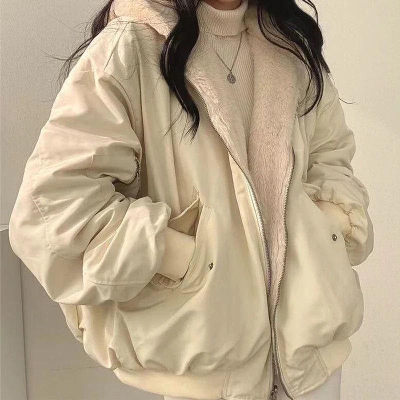 Damen Bomberjacke mit Kapuze Teddyfleece Wendbar Hellbeige
