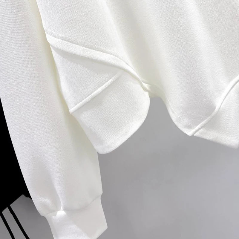 Women's Crew-Neck Sweatshirt with Asymmetrical Hem and Decorative Drawstrings