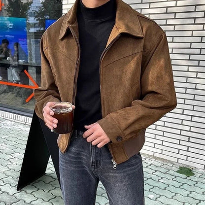 Men's Short Jacket with Zipper and Suede-Look Collar Brown