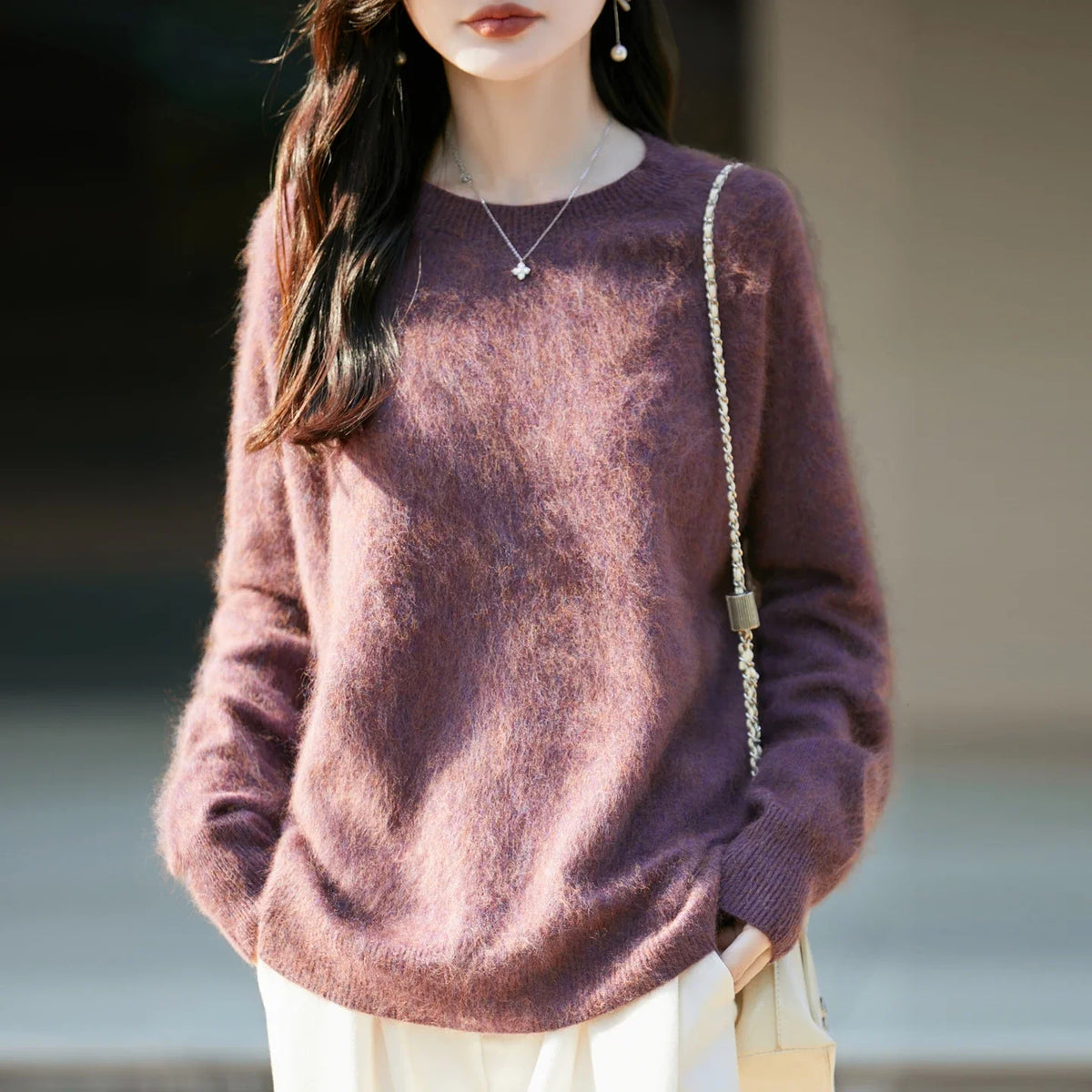 Women's soft fine-knit crew-neck long-sleeve sweater
