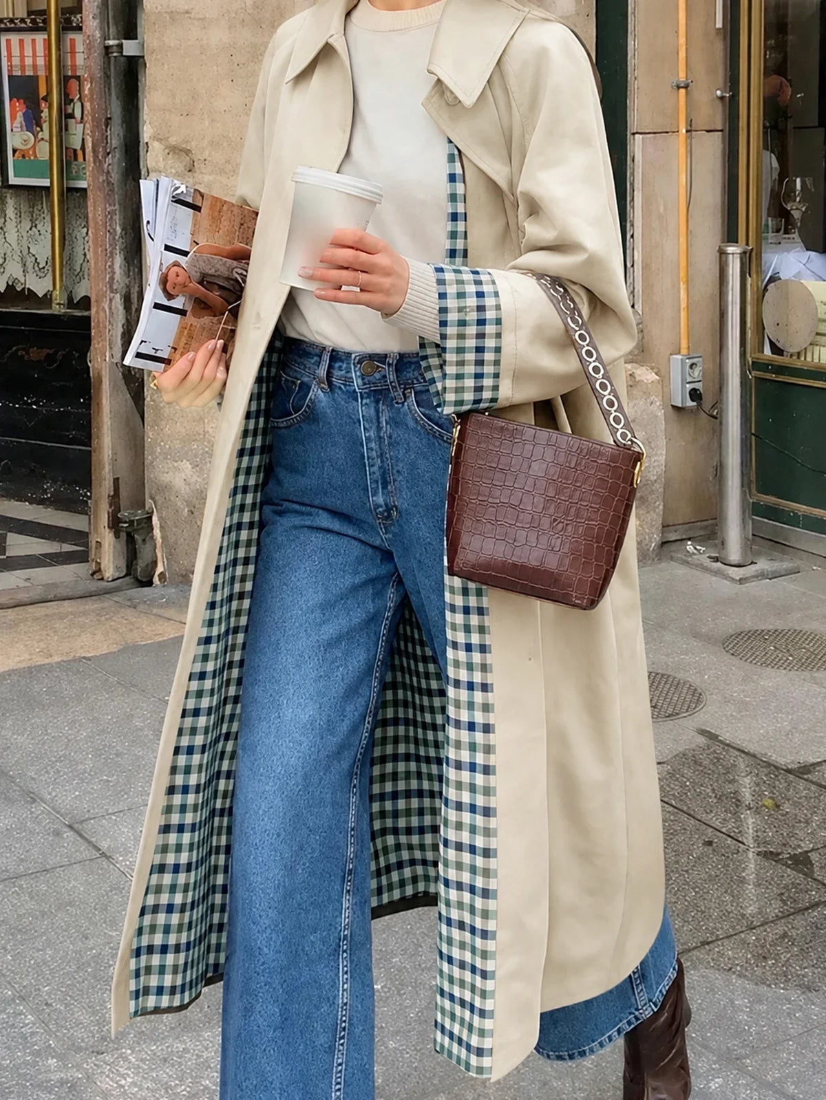 Women's Long Trench Coat, Transitional Jacket, Checked Lining