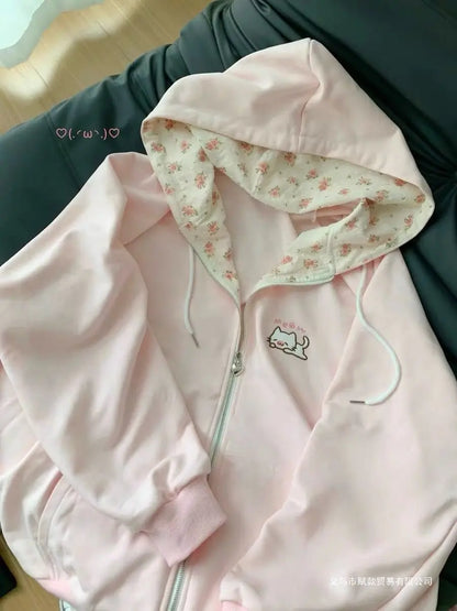 Women's hoodie with zipper, hood and cat embroidery