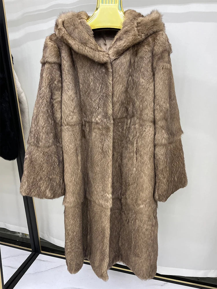 Women's long hooded coat, faux fur look, off-white gray