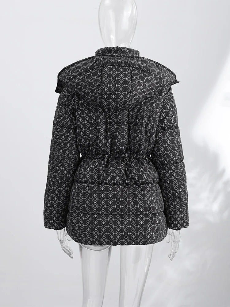 Women's down jacket, winter jacket, puffer jacket with hood, stand-up collar, and adjustable waist