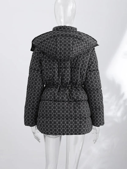 Women's down jacket, winter jacket, puffer jacket with hood, stand-up collar, and adjustable waist