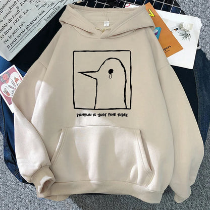 Hoodie or sweatshirt with cartoon bird motif, "Punpun is just fine today" print