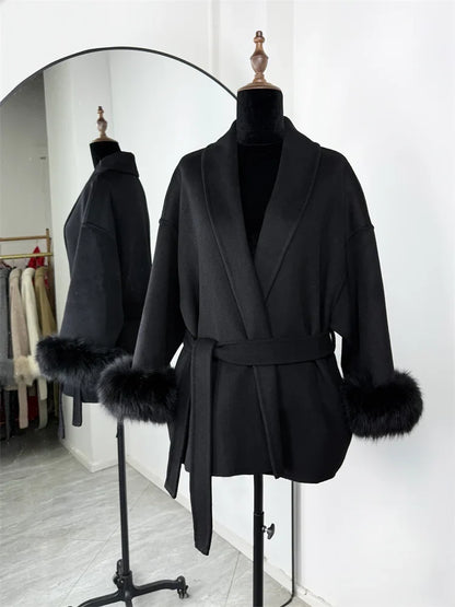 Short women's wrap coat with faux-fur sleeves and tie belt
