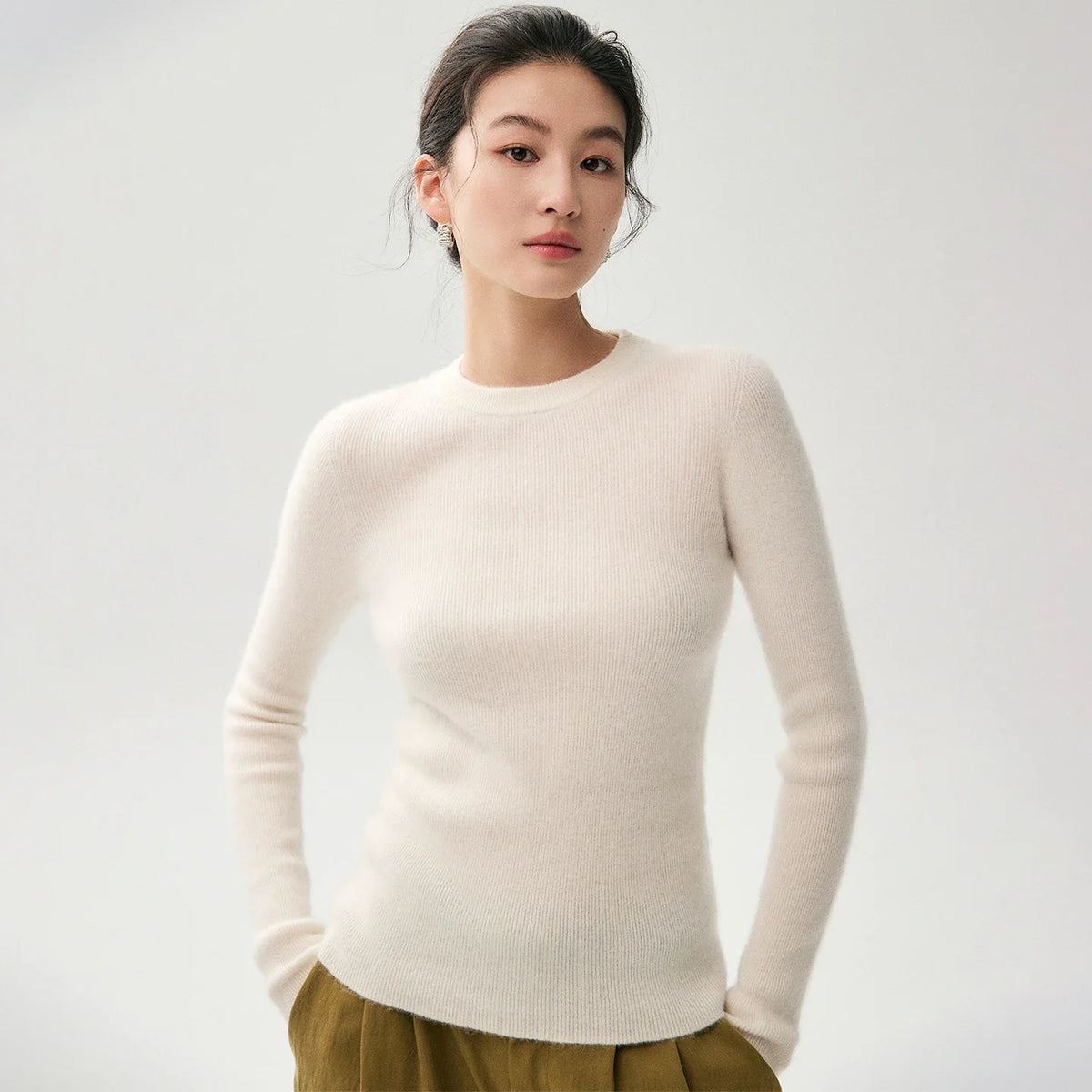 Damen Pullover Rundhals Langarm Gerippter Saum in verschiedenen Farben