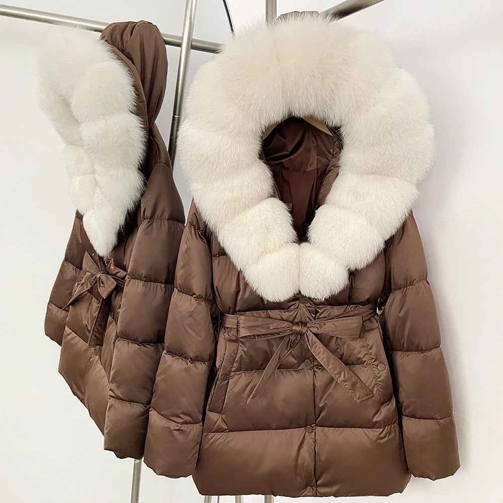 Damen Daunenjacke mit Kapuze, Pelzbesatz und Gürtel