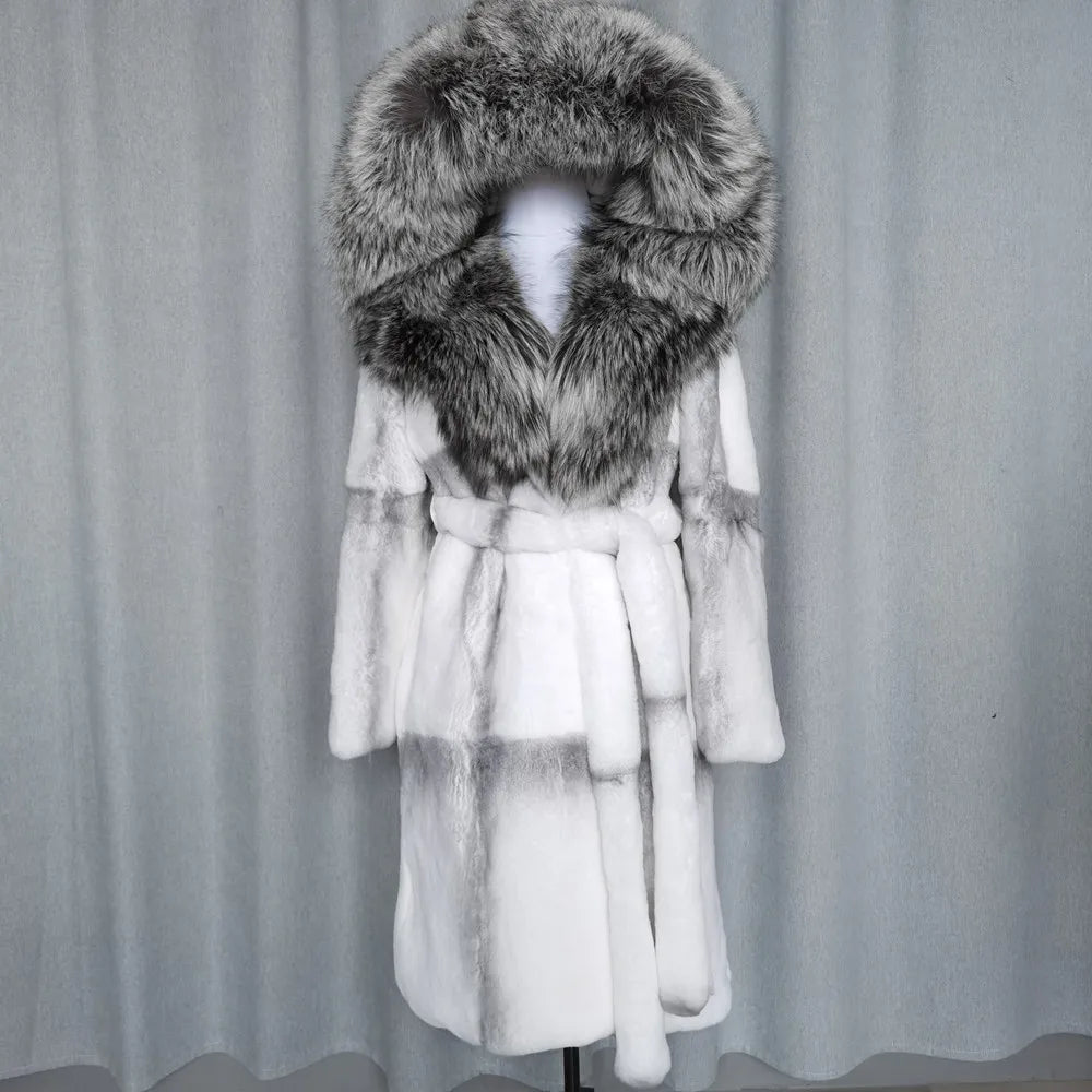 Women's coat with hood and faux fur trim, gray-white